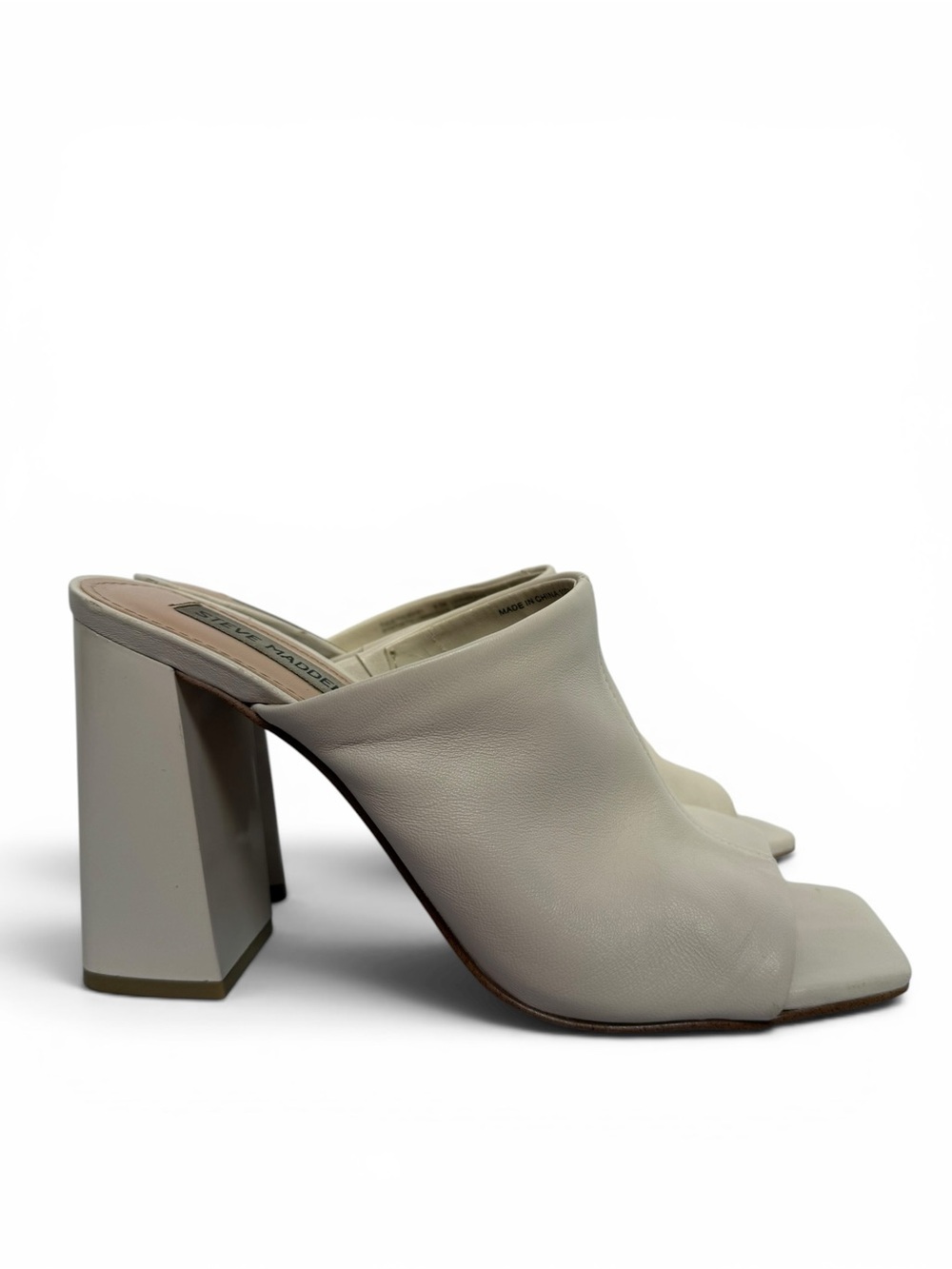 Steve Madden Tule Cream Leather Mule Heels Size 8.5 Square Toe Block Heel
